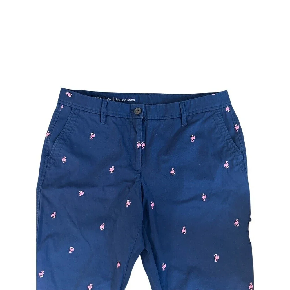 Talbots Relaxed Chino Pants Womens 8P Navy Flamingo Embroidered Crop - Picture 4 of 8